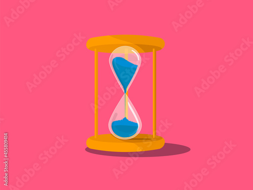 An hourglass of lines. Flat design style. Sandglass sign isolated on pink background. Time symbol. Isometric illustration. Blue sand.