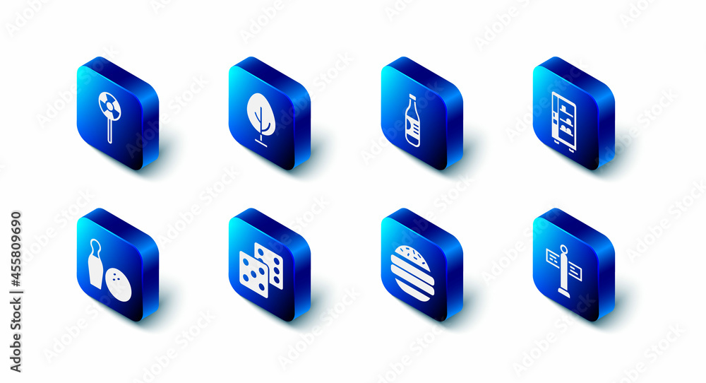 Set Tree, Bottle of water, Vending machine, Road traffic signpost, Burger, Game dice, Bowling pin and ball and Lollipop icon. Vector Set Tree, Bottle of water, Vending machine, Road traffic signpost, Burger, Game dice, Bowling pin and ball and Lollipop icon. Vector