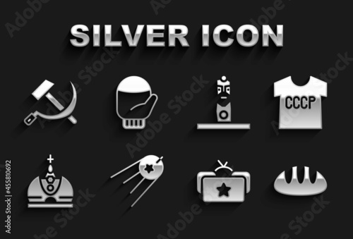 Set Satellite, USSR t-shirt, Bread loaf, Ushanka, King crown, Slavic pagan idol, Hammer and sickle and Christmas mitten icon. Vector