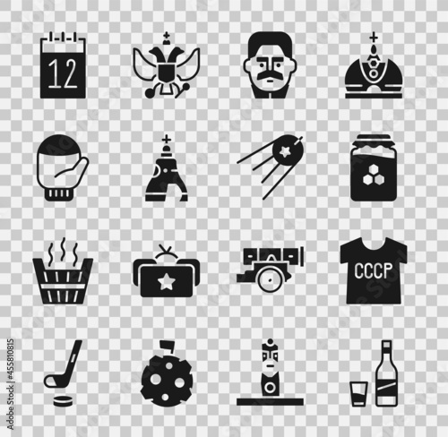 Set Bottle of vodka with glass, USSR t-shirt, Jar honey, Joseph Stalin, The Tsar bell, Christmas mitten, Calendar 12 june and Satellite icon. Vector