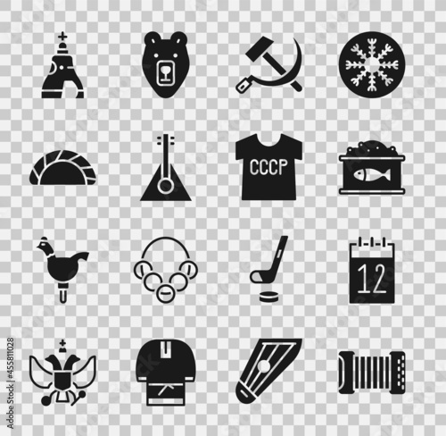 Set Accordion, Calendar 12 june, Tin can with caviar, Hammer and sickle USSR, Balalaika, Dumpling, The Tsar bell and t-shirt icon. Vector