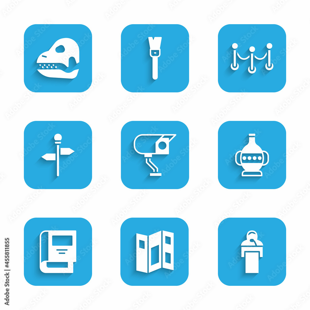 Set Security camera, Museum guide brochure, Gives lecture, Ancient amphorae, History book, Road traffic signpost, Rope barrier and Dinosaur skull icon. Vector Set Security camera, Museum guide brochure, Gives lecture, Ancient amphorae, History book, Road traffic signpost, Rope barrier and Dinosaur skull icon. Vector