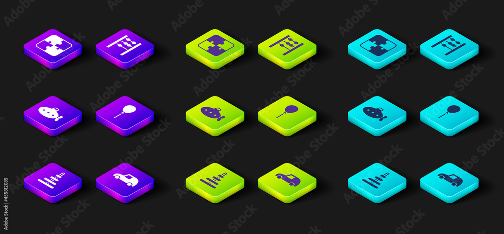 Set Pyramid toy, Toy car, Submarine, Balloons with ribbon, Abacus and Puzzle pieces icon. Vector Set Pyramid toy, Toy car, Submarine, Balloons with ribbon, Abacus and Puzzle pieces icon. Vector