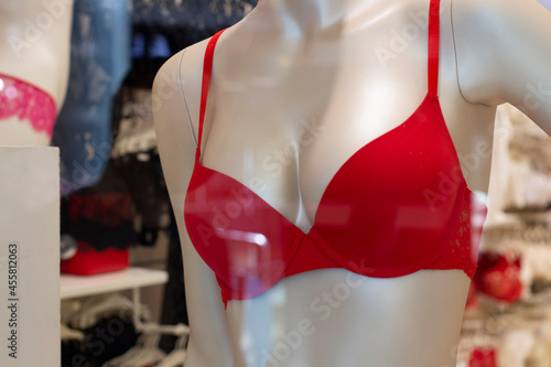 Underwear is shown on a plastic figure of a woman. Red bra on a large female breast.