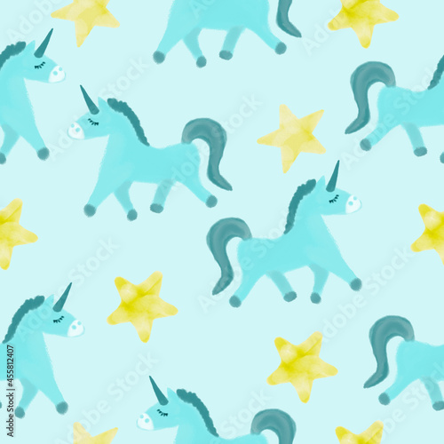 Seamless pattern with a unicorn. Design for a holiday. Printing for wrapping paper. An illustration for printing. Children s composition. Texture for fabric and paper.