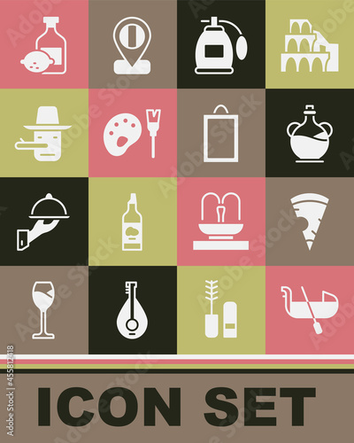 Set Gondola, Slice of pizza, Bottle olive oil, Perfume, Paint brush with palette, Pinocchio, Limoncello bottle and Picture icon. Vector