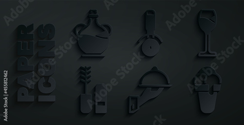 Set Covered with tray of food, Wine glass, Mascara brush, Ice cream, Pizza knife and Bottle olive oil icon. Vector