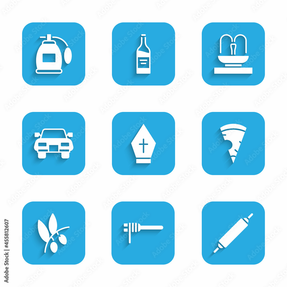 Set Pope hat, Pasta spaghetti, Rolling pin, Slice of pizza, Olives branch, Car, Fountain and Perfume icon. Vector Set Pope hat, Pasta spaghetti, Rolling pin, Slice of pizza, Olives branch, Car, Fountain and Perfume icon. Vector