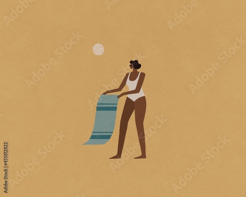 Woman standing with towel on the beach illustration photo