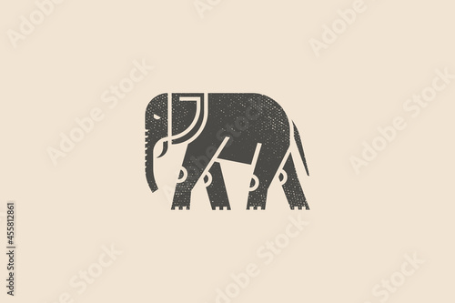 Elephant silhouette drawn with stamp effect. Indian animal. Vintage emblem. Design element for shop, market, packaging, labels and logo. Vector illustration.