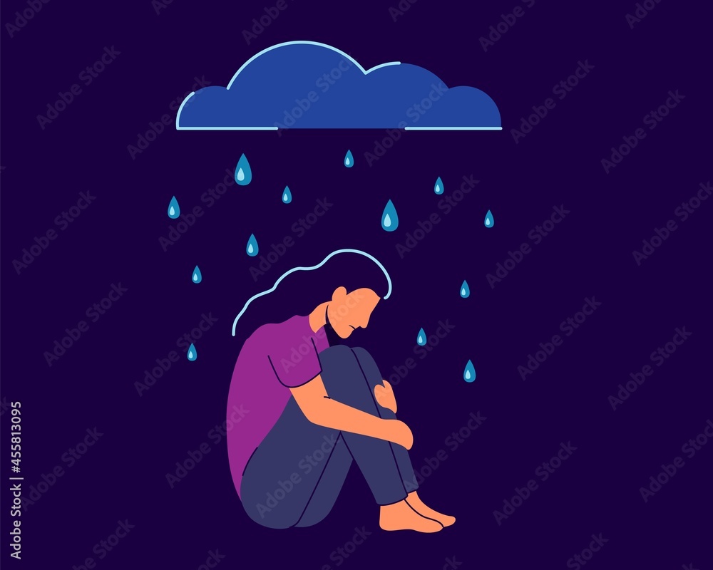 Depressed woman in rain Sad woman sitting Depressive girl silhouette design of lonely girl sit sadly Vector illustration Unhappy girl Woman sitting under rain cloud Depression concept Depressed woman in rain Sad woman sitting Depressive girl silhouette design of lonely girl sit sadly Vector illustration Unhappy girl Woman sitting under rain cloud Depression concept