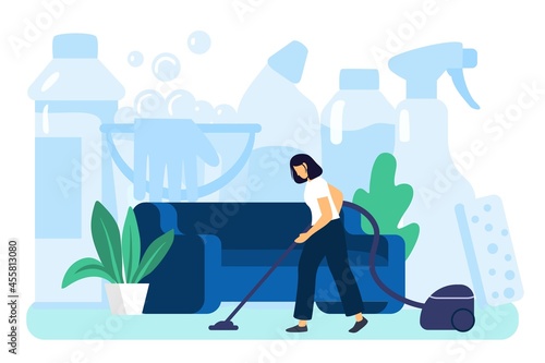 Cleaning vector illustration Professional hygiene service for domestic households Woman vacuuming at home, making cleanup of room Sanitary chemical products for laundry, floor, kitchen and toilet