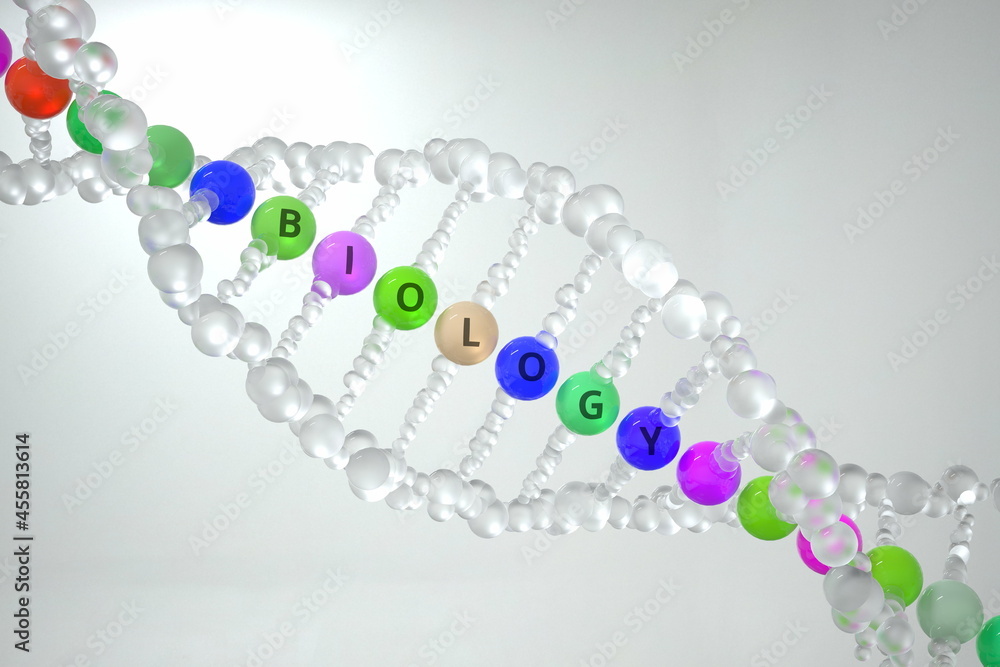 DNA molecule with BIOLOGY text. 3D rendering DNA molecule with BIOLOGY text. 3D rendering
