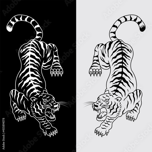 Illustration of tiger tattoo in black and white. Vector