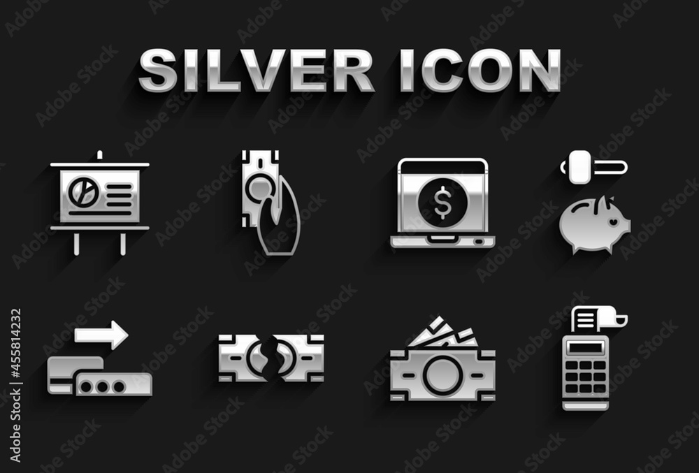 Set Tearing money banknote, Piggy and hammer, Cash register machine, Stacks paper cash, Pos terminal, Laptop with dollar, Chalkboard diagram and Fast payments icon. Vector Set Tearing money banknote, Piggy and hammer, Cash register machine, Stacks paper cash, Pos terminal, Laptop with dollar, Chalkboard diagram and Fast payments icon. Vector