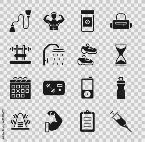 Set Doping syringe, Fitness shaker, Old hourglass, Anabolic drugs, Shower head, Bench with barbel, Chest expander and Sport sneakers icon. Vector