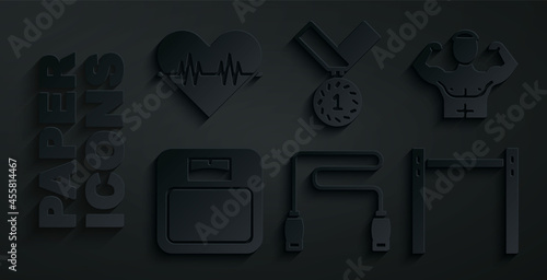 Set Jump rope, Bodybuilder muscle, Bathroom scales, Horizontal bar, Medal and Heart rate icon. Vector