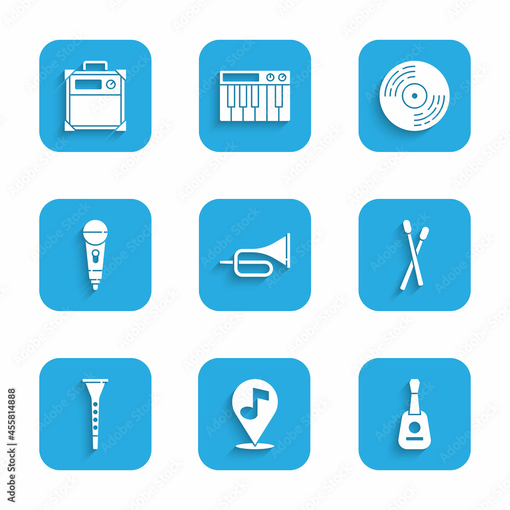 Set Trumpet, Location musical note, Guitar, Drum sticks, Clarinet, Microphone, Vinyl disk and amplifier icon. Vector Set Trumpet, Location musical note, Guitar, Drum sticks, Clarinet, Microphone, Vinyl disk and amplifier icon. Vector