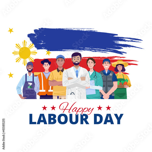Happy Labor Day. Various occupations people standing with The Philippines flag. Vector