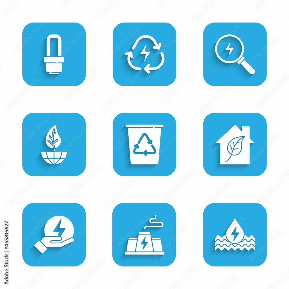 Set Recycle bin with recycle, Power station plant factory, Water energy, Eco friendly house, Lightning bolt, Earth globe and leaf, and LED light bulb icon. Vector Set Recycle bin with recycle, Power station plant factory, Water energy, Eco friendly house, Lightning bolt, Earth globe and leaf, and LED light bulb icon. Vector