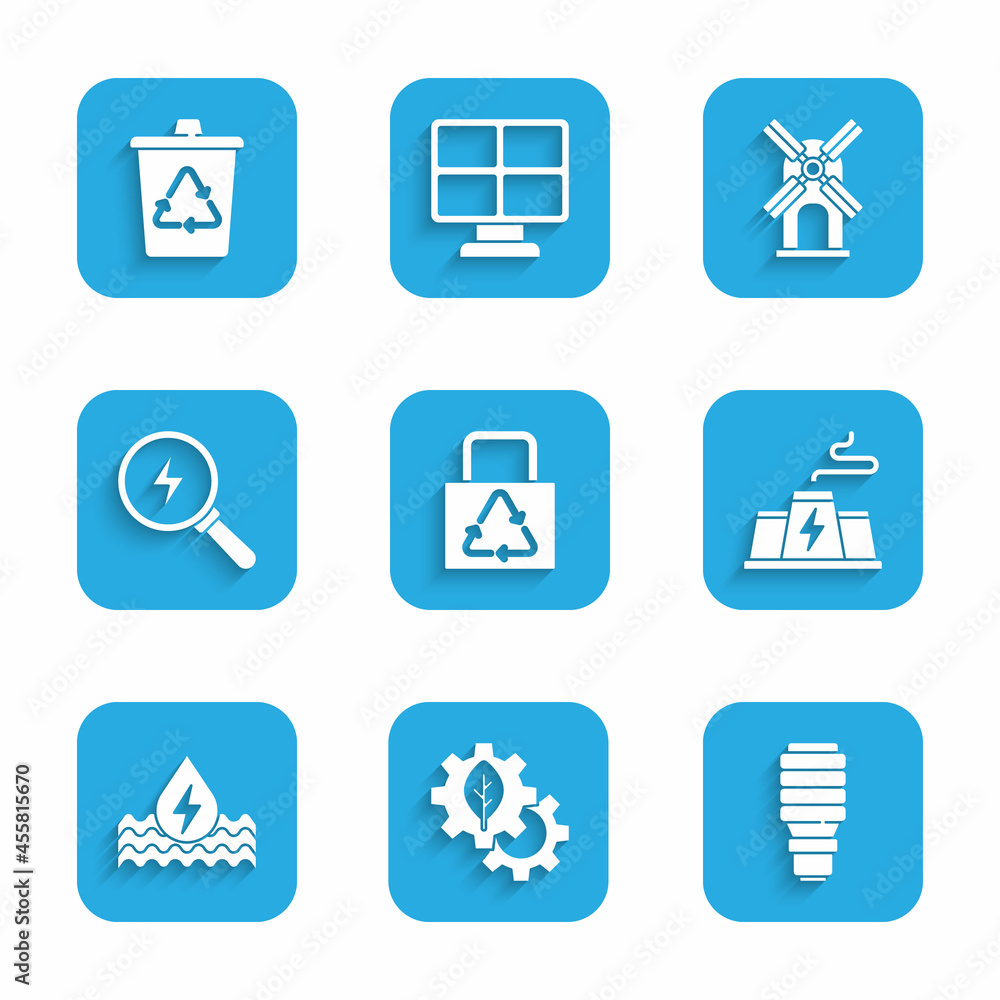 Set Paper bag with recycle, Leaf plant in gear machine, LED light bulb, Power station factory, Water energy, Lightning bolt, Wind turbine and Recycle icon. Vector Set Paper bag with recycle, Leaf plant in gear machine, LED light bulb, Power station factory, Water energy, Lightning bolt, Wind turbine and Recycle icon. Vector
