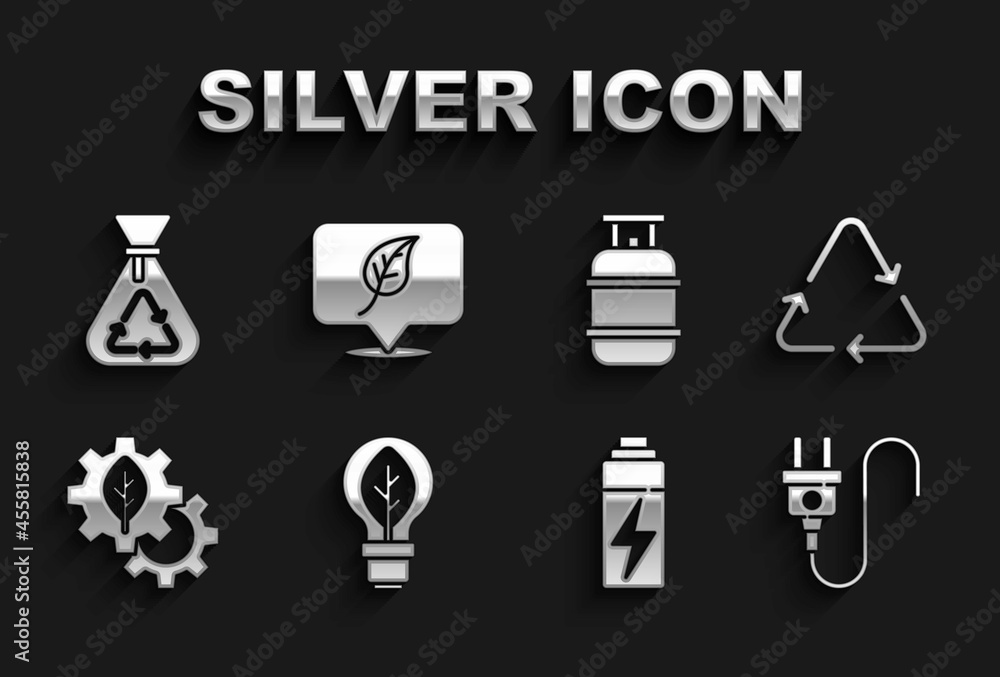 Set Light bulb with leaf, Recycle symbol, Electric plug, Battery, Leaf plant in gear machine, Propane gas tank, Garbage bag recycle and Location icon. Vector Set Light bulb with leaf, Recycle symbol, Electric plug, Battery, Leaf plant in gear machine, Propane gas tank, Garbage bag recycle and Location icon. Vector