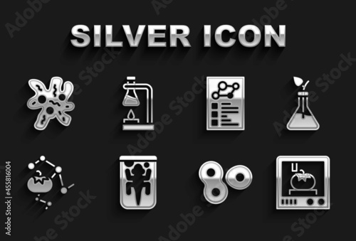 Set Experimental animal, Plant breeding, 3D printing technology, Cell division, Genetically modified food, Clinical record, and Test tube flask fire icon. Vector