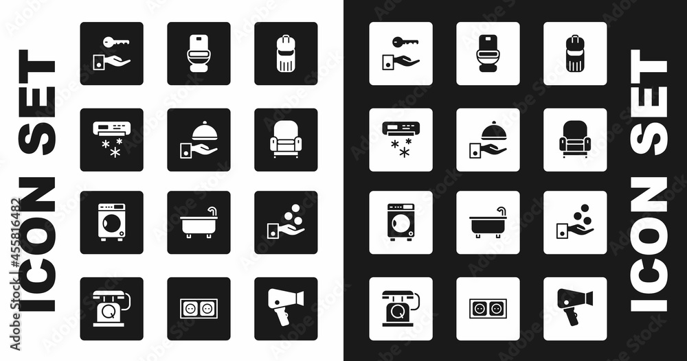 Set Trash can, Covered with tray, Air conditioner, Hotel door lock key, Armchair, Toilet bowl, Paying tips and Washer icon. Vector Set Trash can, Covered with tray, Air conditioner, Hotel door lock key, Armchair, Toilet bowl, Paying tips and Washer icon. Vector