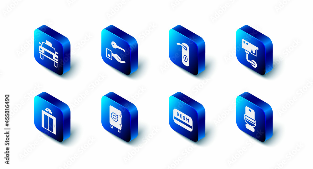 Set Hotel door lock key, Door handle, Security camera, Toilet bowl, card, Safe, Lift and Taxi icon. Vector Set Hotel door lock key, Door handle, Security camera, Toilet bowl, card, Safe, Lift and Taxi icon. Vector