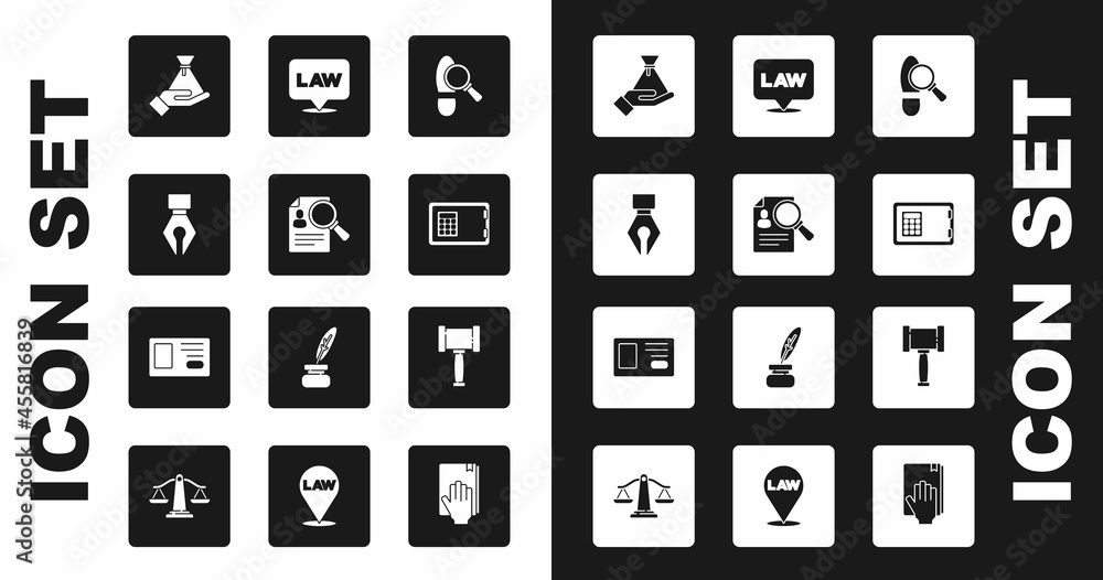Set Footsteps, Paper analysis magnifying, Fountain pen nib, Bribe money bag, Safe, Location law, Judge gavel and Identification badge icon. Vector Set Footsteps, Paper analysis magnifying, Fountain pen nib, Bribe money bag, Safe, Location law, Judge gavel and Identification badge icon. Vector