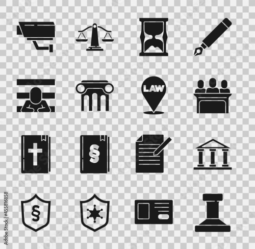 Set Stamp, Courthouse building, Jurors, Old hourglass, Law pillar, Prisoner, Security camera and Location law icon. Vector