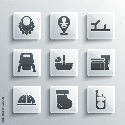 Set Baby socks clothes, Monitor Walkie Talkie, food, stroller, hat, potty, bib and shoes icon. Vector