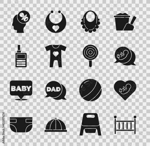 Set Baby crib cradle, inside heart, bib, clothes, Monitor Walkie Talkie, dummy pacifier and Lollipop icon. Vector