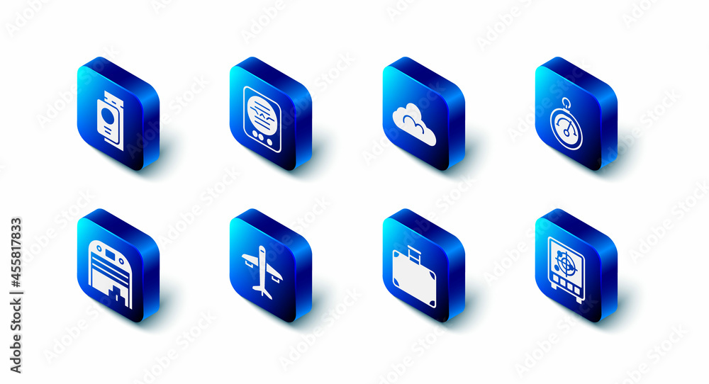 Set Attitude indicator, Cloud weather, Barometer, Radar with targets on monitor, Suitcase, Plane, Aircraft hangar and Passport ticket icon. Vector Set Attitude indicator, Cloud weather, Barometer, Radar with targets on monitor, Suitcase, Plane, Aircraft hangar and Passport ticket icon. Vector