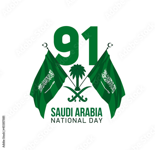 91 Saudi Arabia national day logo with green flag and state seal Emblem illustration banner. Coat of arms of Kingdom of Saudi Arabia 23 september 91 National day. KSA Celebration Card 2021 on white