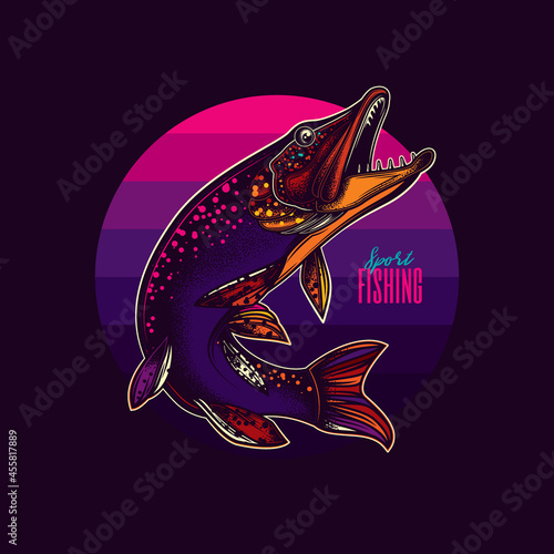 Original vector illustration in vintage style. Pike fish on the background of a sunset in the style of the 80s. T-shirt design, stickers, print.