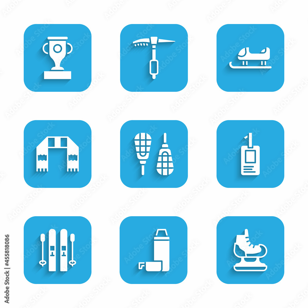 Set Snowshoes, Thermos container, Skates, Identification badge, Ski and sticks, Winter scarf, Sled and Award cup icon. Vector Set Snowshoes, Thermos container, Skates, Identification badge, Ski and sticks, Winter scarf, Sled and Award cup icon. Vector