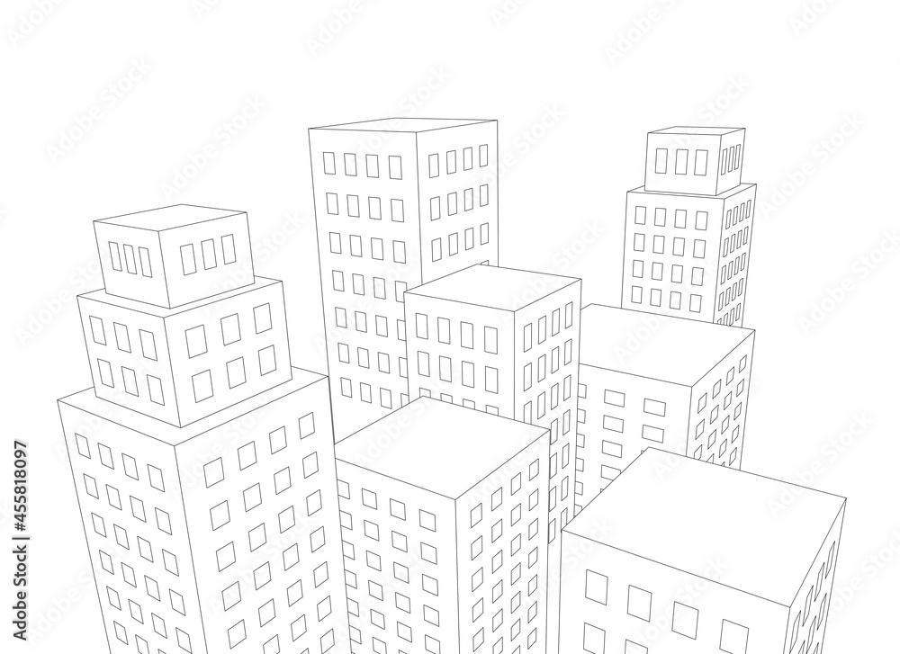 3d perspective view from above of high-rise buildings, line drawing isolated on white background