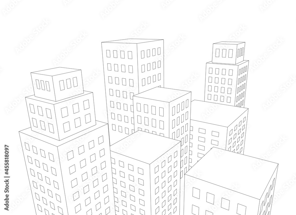 Fototapeta premium 3d perspective view from above of high-rise buildings, line drawing isolated on white background