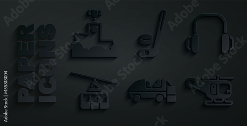 Set Ice resurfacer, Winter headphones, Cable car, Rescue helicopter, hockey stick and puck and Award winner podium icon. Vector