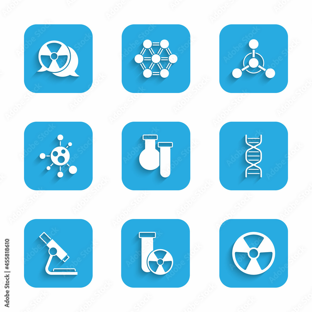 Set Test tube and flask, radiation, Radioactive, DNA symbol, Microscope, Molecule, and icon. Vector Set Test tube and flask, radiation, Radioactive, DNA symbol, Microscope, Molecule, and icon. Vector