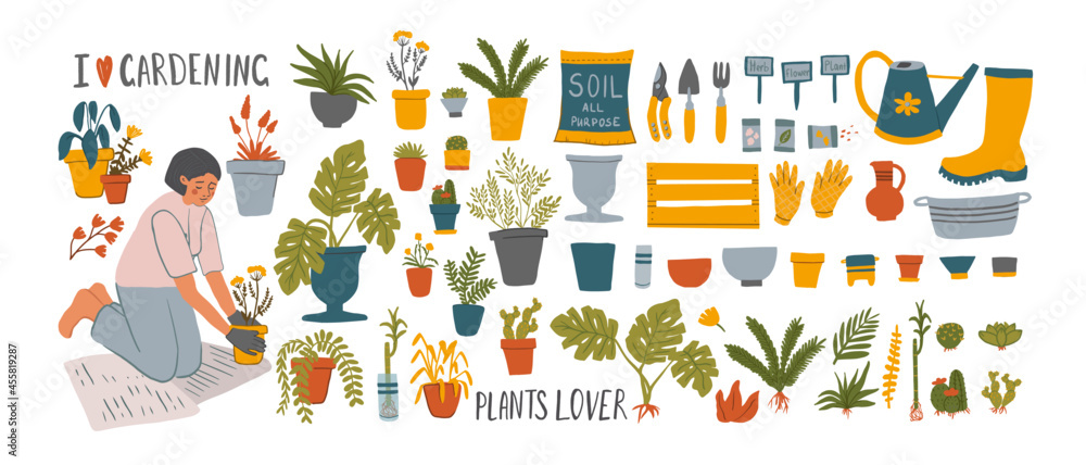 Fototapeta premium Collection of clipart with Hand drawn young girl plants flowers in pots. Cute woman transplants plants, doing gardening, preparation to spring. Home hobby, relaxation concept. Vector illustration