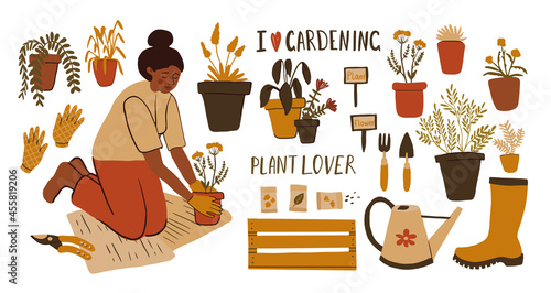 Collection of clipart with Hand drawn young black girl plants flowers in pots. Cute african woman transplants plants, doing gardening, preparation to spring. Vector Home hobby, relaxation concept