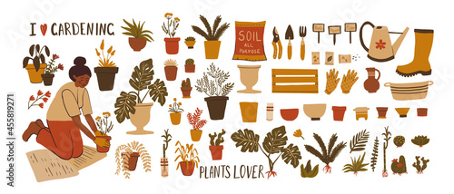 Collection of clipart with Hand drawn young black girl plants flowers in pots. Cute african woman transplants plants, doing gardening, preparation to spring.  Vector Home hobby, relaxation concept