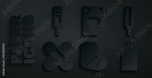Set Gypsum, Medical thermometer, Crossed bandage plaster, Hand sanitizer bottle, Doctor appointment and Digital icon. Vector