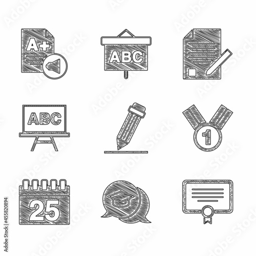 Set Pencil with eraser, Graduation cap in speech bubble, Certificate template, Medal, Calendar, Chalkboard, Exam sheet and pencil and A plus grade icon. Vector