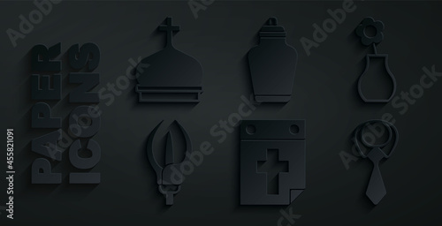 Set Calendar death, Flower in vase, Lily flower, Tie, Funeral urn and Church tower icon. Vector