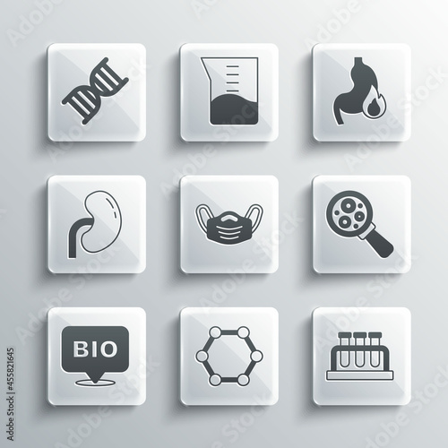 Set Molecule, Test tube and flask, Microorganisms under magnifier, Medical protective mask, Bio healthy food, Human kidney, DNA symbol and Stomach heartburn icon. Vector
