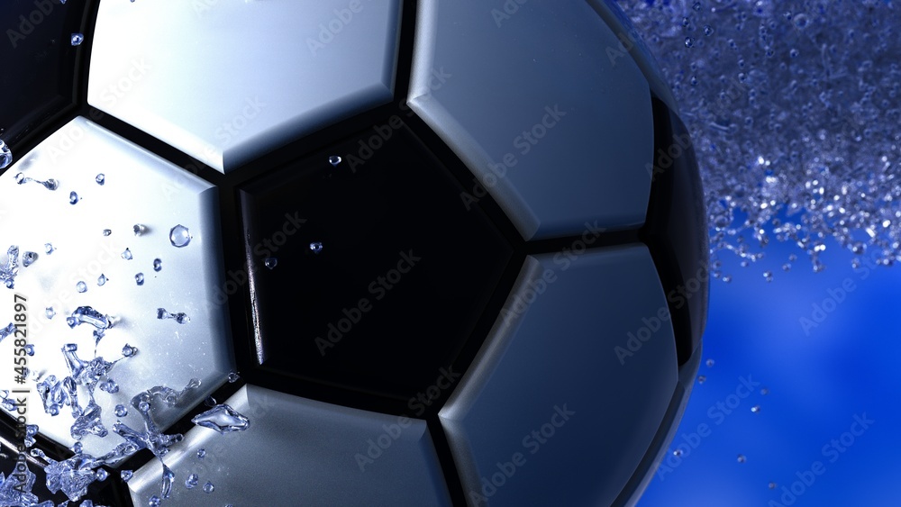 Naklejka premium Soccer Ball with Diamond Water Particles under Blue Sky Lighting Background. 3D illustration. 3D high quality rendering. 3D CG.
