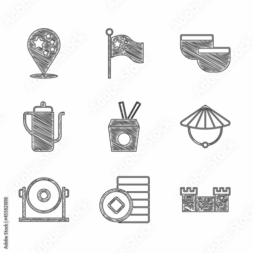 Set Noodles in box and chopsticks, Chinese Yuan currency, Great wall of China, conical straw hat, Gong, tea ceremony, and flag icon. Vector